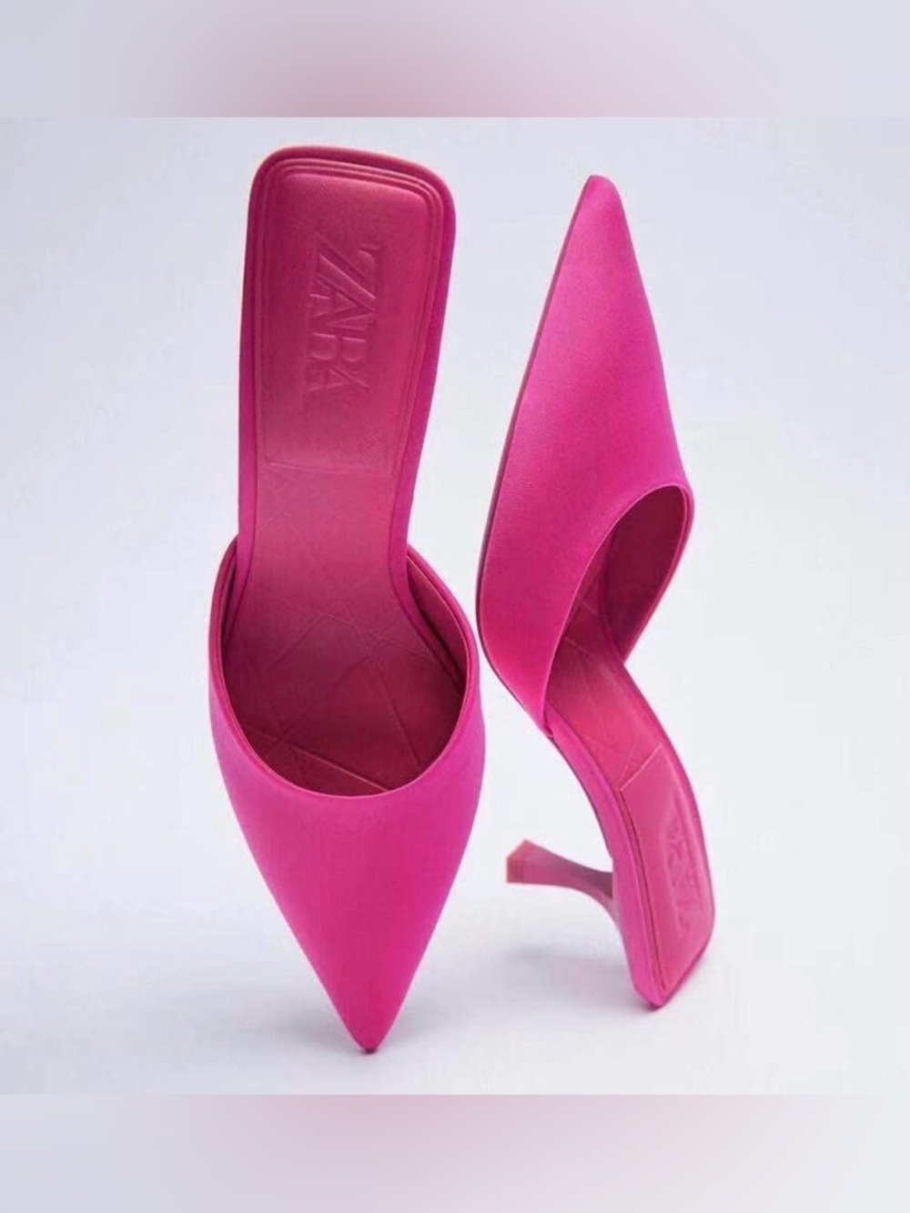 Zara Hot Pink Pointed-Toe Kitten Heel Mules, Featuring A Quilted Insole Design
